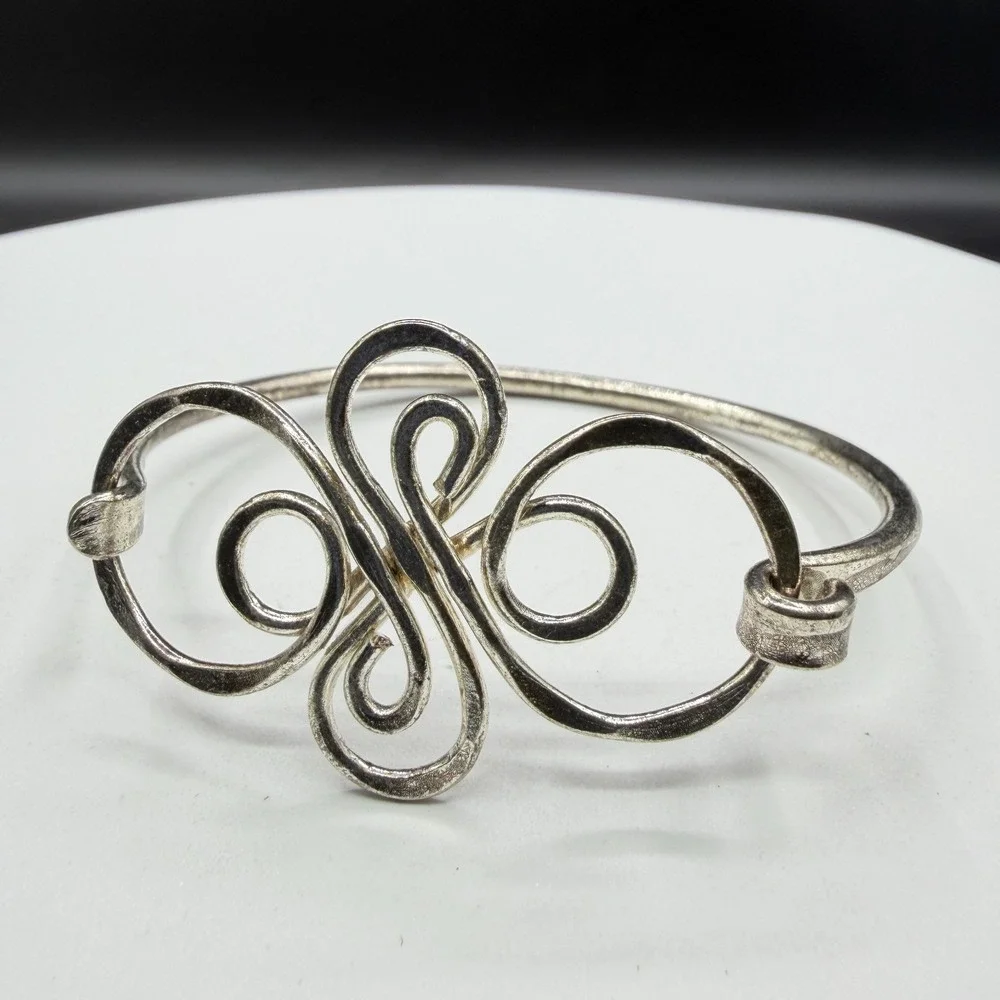 Silver Tone Scrollwork Bangle Bracelet Ornate Wirework Swirl Boho Statement Gift